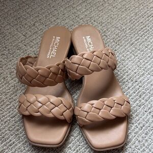 MICHAEL Michael Shannon Braided Double-Strap Slide Sandals in Tan